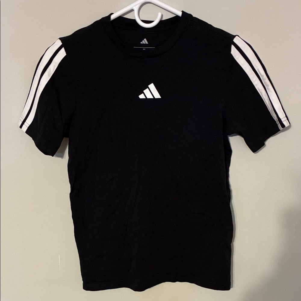 Adidas Boys Black T-Shirt with White Stripes